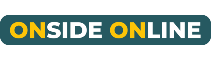 A rectangular logo with a dark teal background displaying the text "ONSIDE ONLINE" in capital letters, with "ONSIDE" in yellow and "ONLINE" in white, designed in classic Kit Styles.