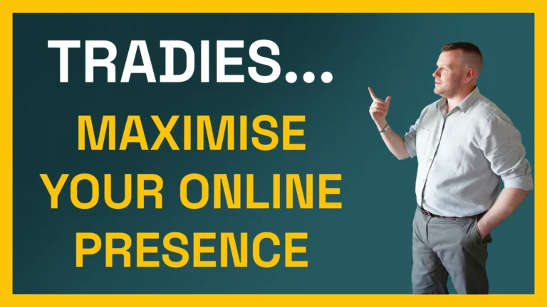 A tradie pointing at a guide that says trades maximize your online presence.